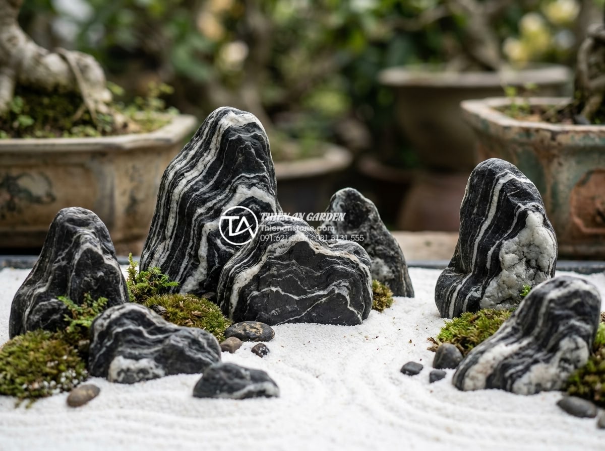 Làm thế nào để giữ cho cát trắng trong tiểu cảnh khô luôn trắng sáng? - Hình 12 Làm thế nào để giữ cho cát trắng trong tiểu cảnh khô luôn trắng sáng? - Detailed integration view of white sand base supporting various natural stone el