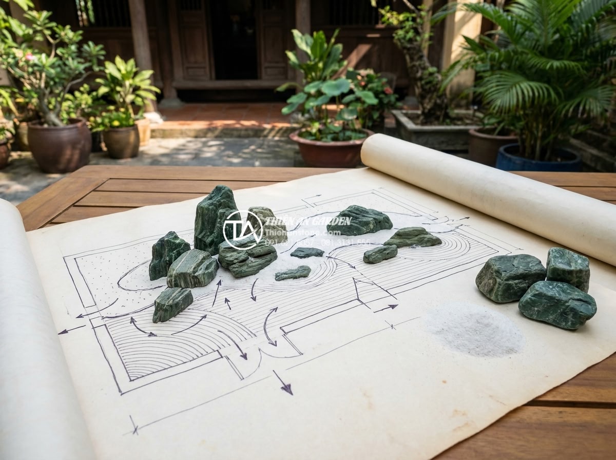 Làm thế nào để giữ cho cát trắng trong tiểu cảnh khô luôn trắng sáng? - Hình 13 Làm thế nào để giữ cho cát trắng trong tiểu cảnh khô luôn trắng sáng? - Well-designed dry miniature landscape blueprint showing easy maintenance feature