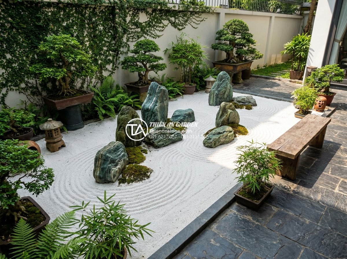 Làm thế nào để giữ cho cát trắng trong tiểu cảnh khô luôn trắng sáng? - Hình 20 Làm thế nào để giữ cho cát trắng trong tiểu cảnh khô luôn trắng sáng? - Happy homeowner enjoying a perfectly maintained white sand dry landscape in vill