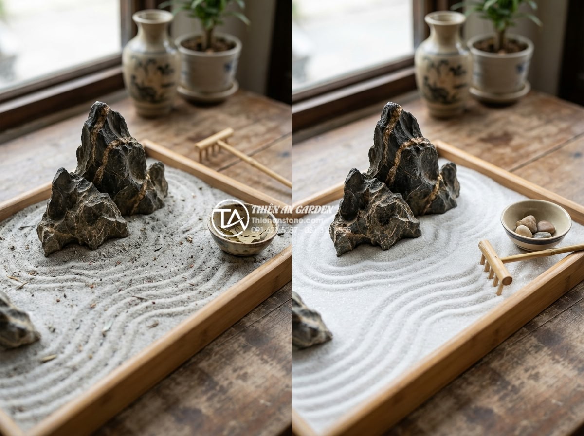 Làm thế nào để giữ cho cát trắng trong tiểu cảnh khô luôn trắng sáng? - Hình 4 Làm thế nào để giữ cho cát trắng trong tiểu cảnh khô luôn trắng sáng? - Before and after comparison image of white sand in miniature dry garden, highlig