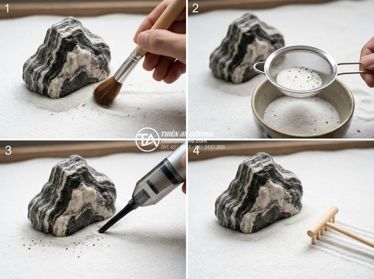 Làm thế nào để giữ cho cát trắng trong tiểu cảnh khô luôn trắng sáng? - Hình 5 Làm thế nào để giữ cho cát trắng trong tiểu cảnh khô luôn trắng sáng? - Step-by-step instructional image sequence demonstrating the cleaning process of