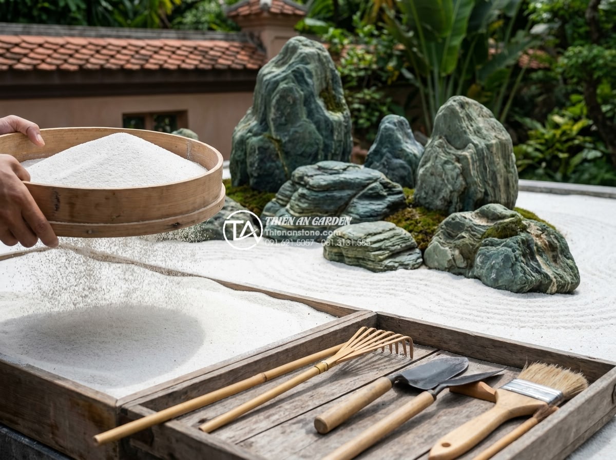 Làm thế nào để giữ cho cát trắng trong tiểu cảnh khô luôn trắng sáng? - Hình 6 Làm thế nào để giữ cho cát trắng trong tiểu cảnh khô luôn trắng sáng? - Clean white sand being carefully sieved and restored in a professional dry lands
