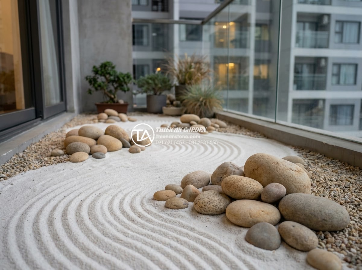 Làm tiểu cảnh khô diện tích nhỏ: Những lưu ý về tỷ lệ và bố cục - High-resolution professional photograph of a small modern dry landscape garden i
