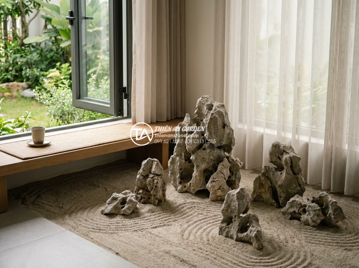 Làm tiểu cảnh khô diện tích nhỏ: Những lưu ý về tỷ lệ và bố cục - Peaceful lifestyle photography of a person meditating peacefully beside a beauti