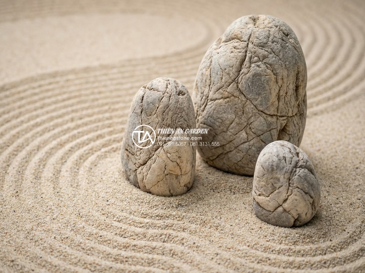 Làm tiểu cảnh khô diện tích nhỏ: Những lưu ý về tỷ lệ và bố cục - Detailed close-up view of raked sand patterns in a compact dry garden using the 