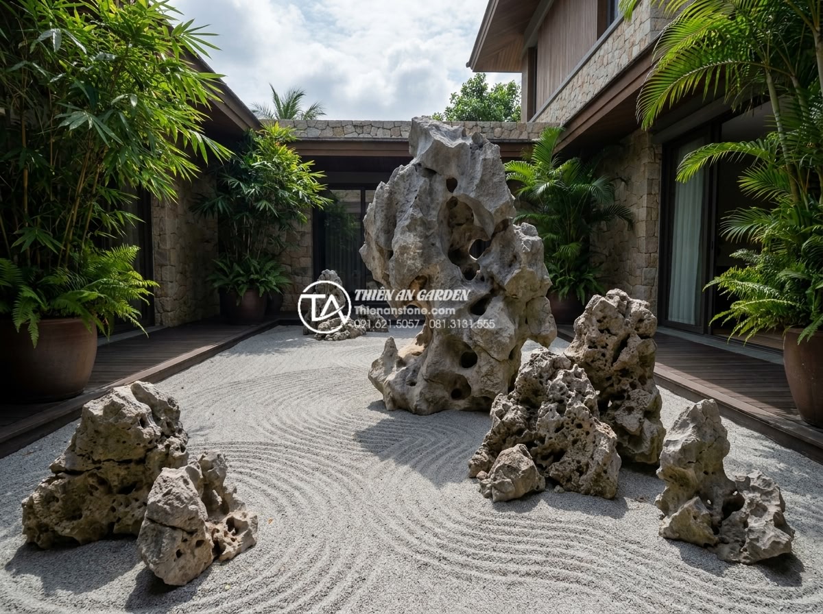 Làm tiểu cảnh khô diện tích nhỏ: Những lưu ý về tỷ lệ và bố cục - Wide angle professional shot of a compact dry stone garden in a small courtyard,