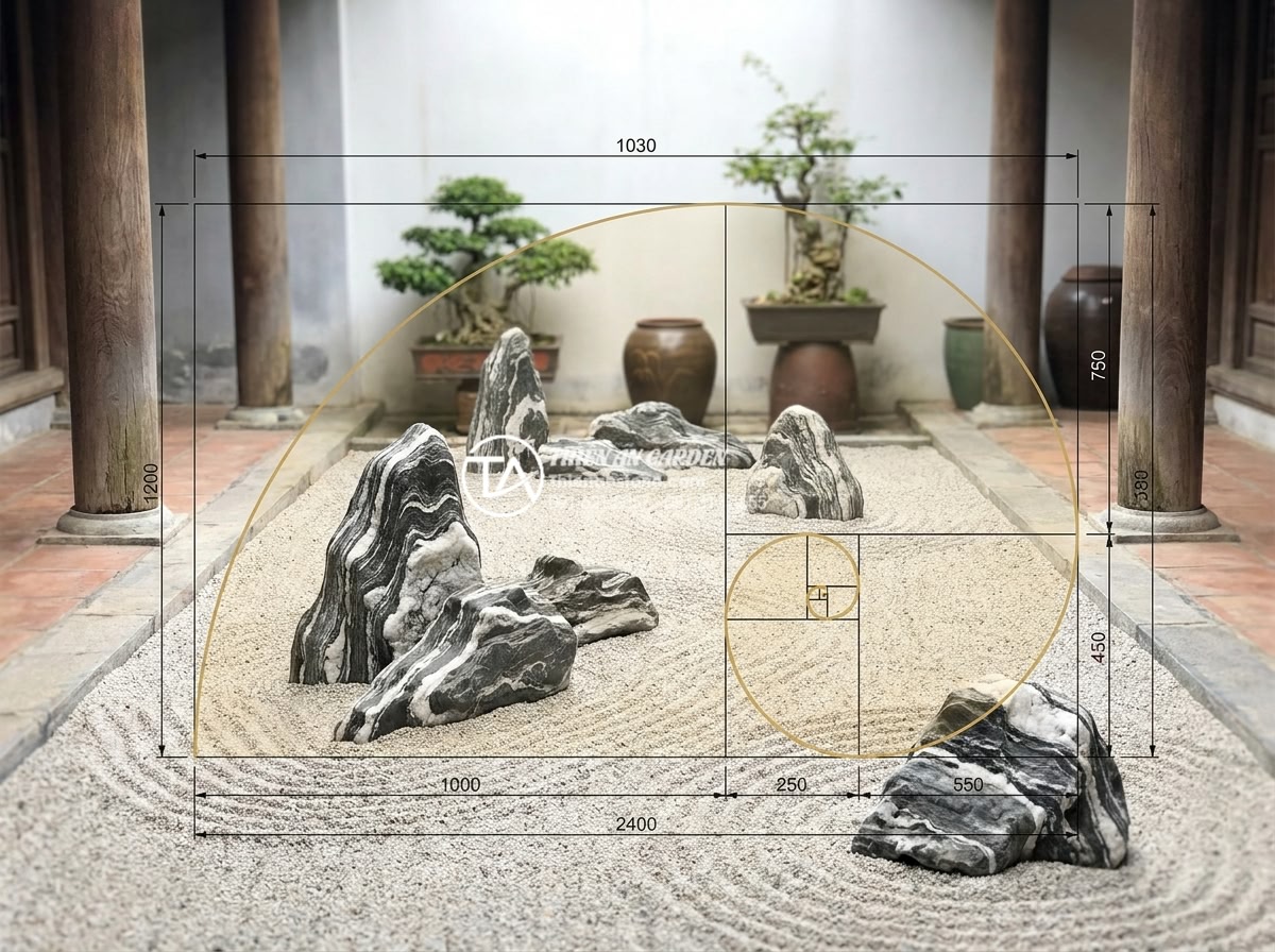 Làm tiểu cảnh khô diện tích nhỏ: Những lưu ý về tỷ lệ và bố cục - Technical diagram style professional rendering of golden ratio application in sm