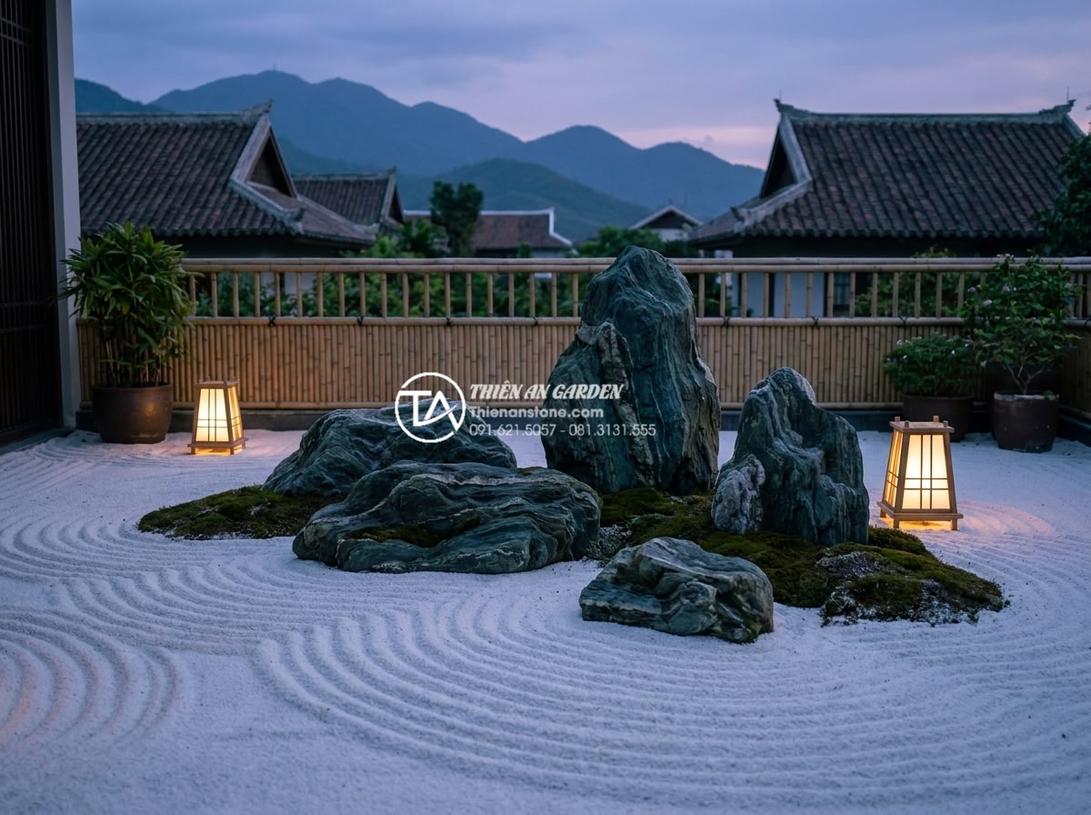 Làm tiểu cảnh khô diện tích nhỏ: Những lưu ý về tỷ lệ và bố cục - Serene Japanese-inspired small dry garden at dusk with raked sand patterns repre