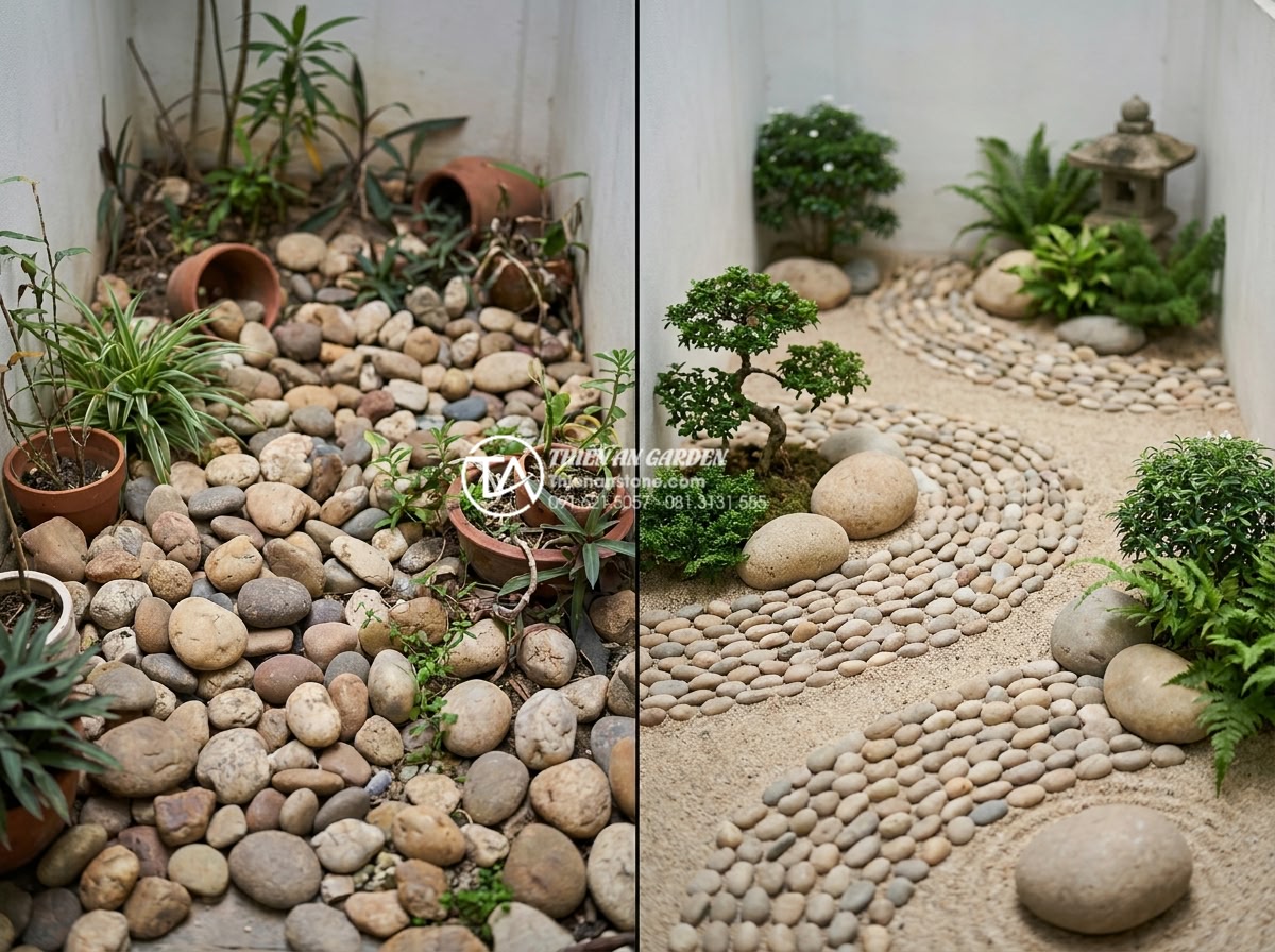 Làm tiểu cảnh khô diện tích nhỏ: Những lưu ý về tỷ lệ và bố cục - Before and after comparison professional photography of a poorly designed small 