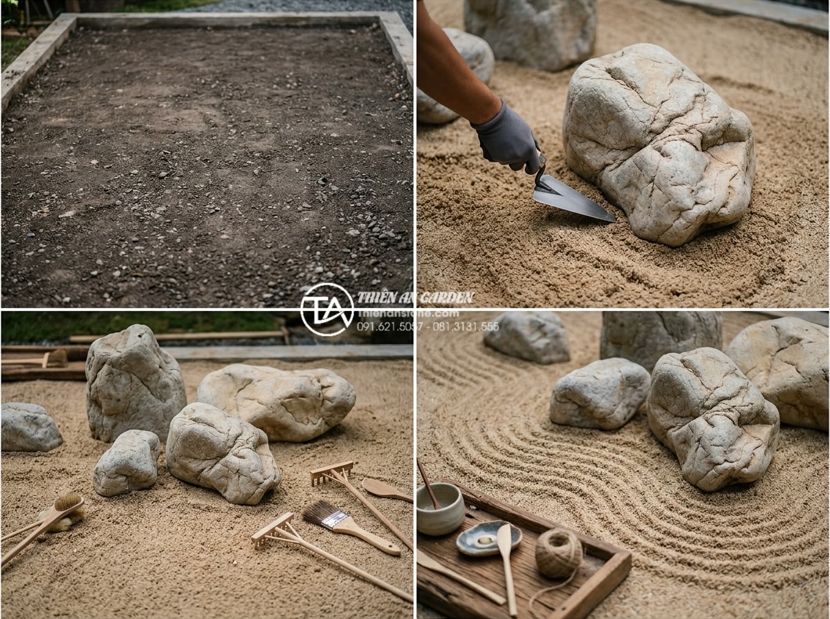 Làm tiểu cảnh khô diện tích nhỏ: Những lưu ý về tỷ lệ và bố cục - Step-by-step professional construction process photography of small dry landscap