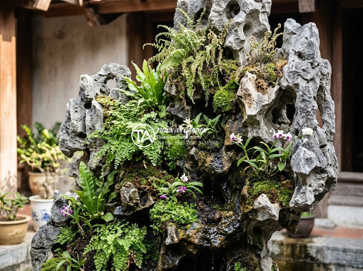 Lắp đặt hệ thống tưới tự động cho tiểu cảnh treo tường: Tiết kiệm thời gian - Professional close-up photograph of a luxurious vertical green wall miniature la
