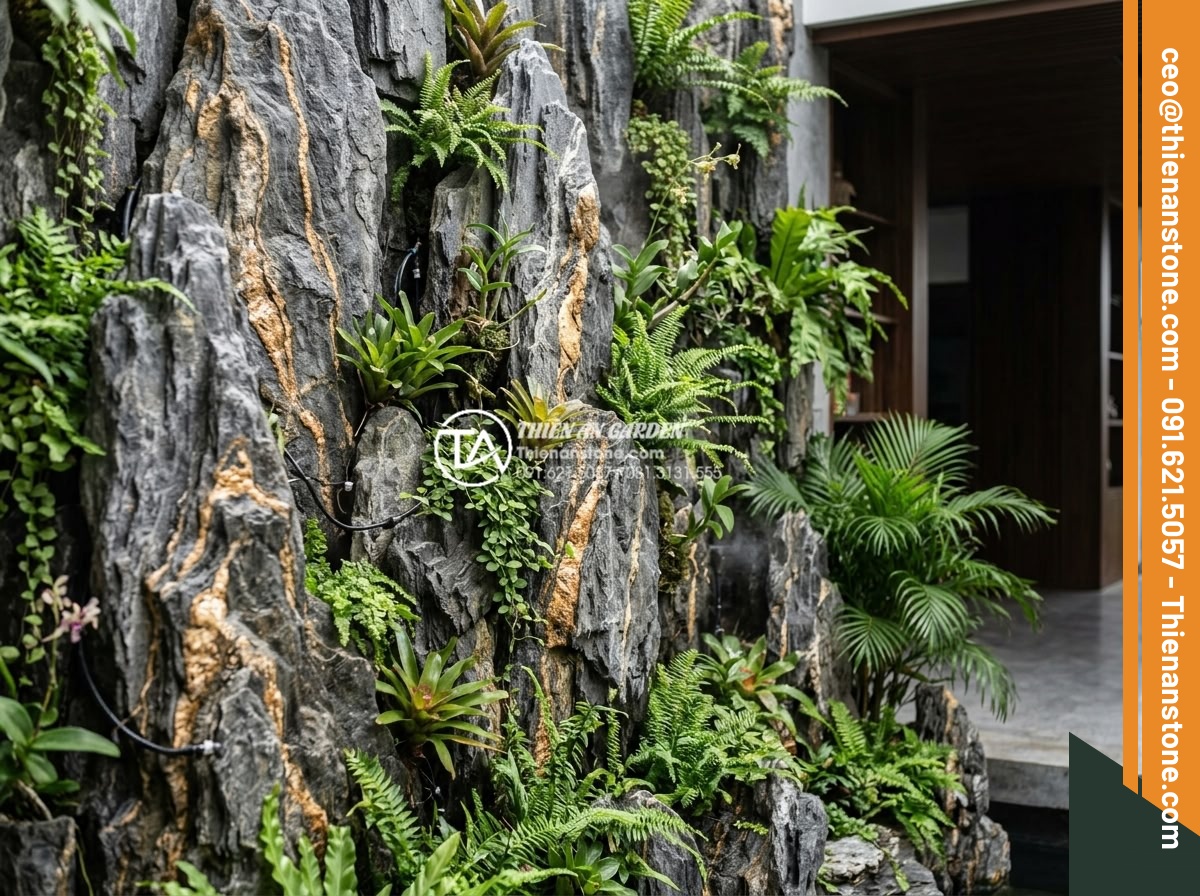 Lắp đặt hệ thống tưới tự động cho tiểu cảnh treo tường: Tiết kiệm thời gian - Hình 9 Lắp đặt hệ thống tưới tự động cho tiểu cảnh treo tường: Tiết kiệm thời gian - Real project photography of luxury villa vertical stone garden with fully instal