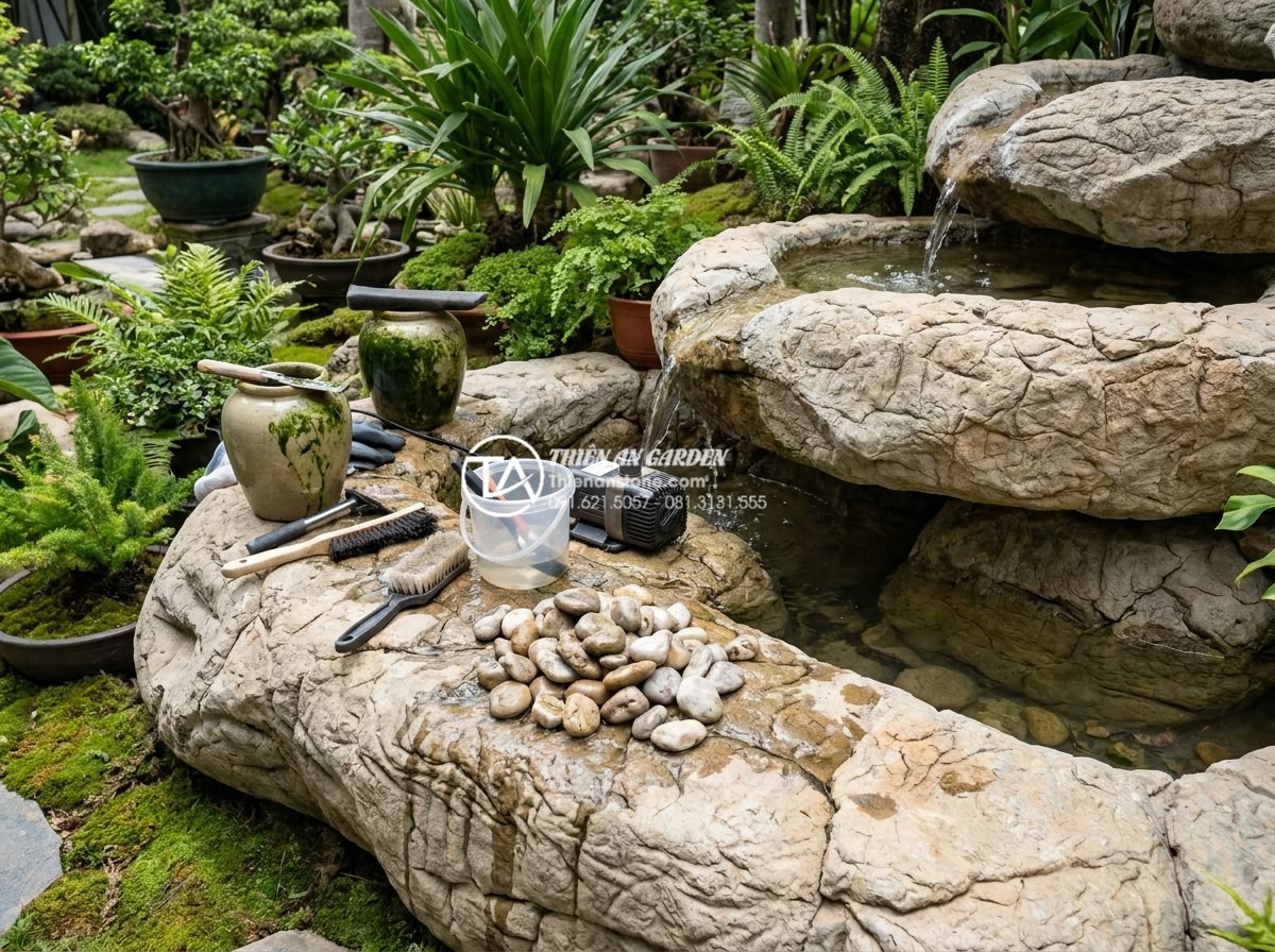 Mẫu tiểu cảnh chum nước đá cuội: Vẻ đẹp mộc mạc của thiên nhiên - Professional maintenance of a natural stone water feature showing technician cle