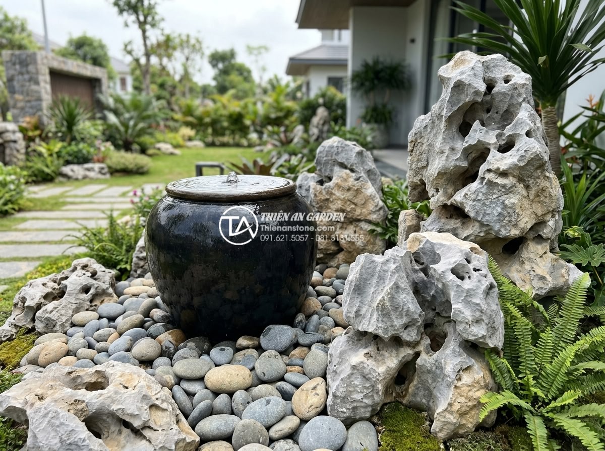 Mẫu tiểu cảnh chum nước đá cuội: Vẻ đẹp mộc mạc của thiên nhiên - Professional team from Da Canh Thien An company installing a beautiful natural p