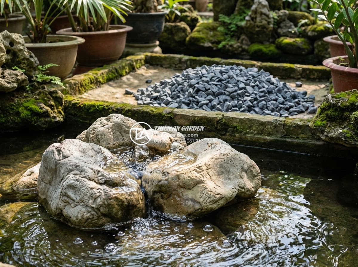 Mẫu tiểu cảnh chum nước đá cuội: Vẻ đẹp mộc mạc của thiên nhiên - Detailed comparison of natural river pebble stones versus artificial gravel in a