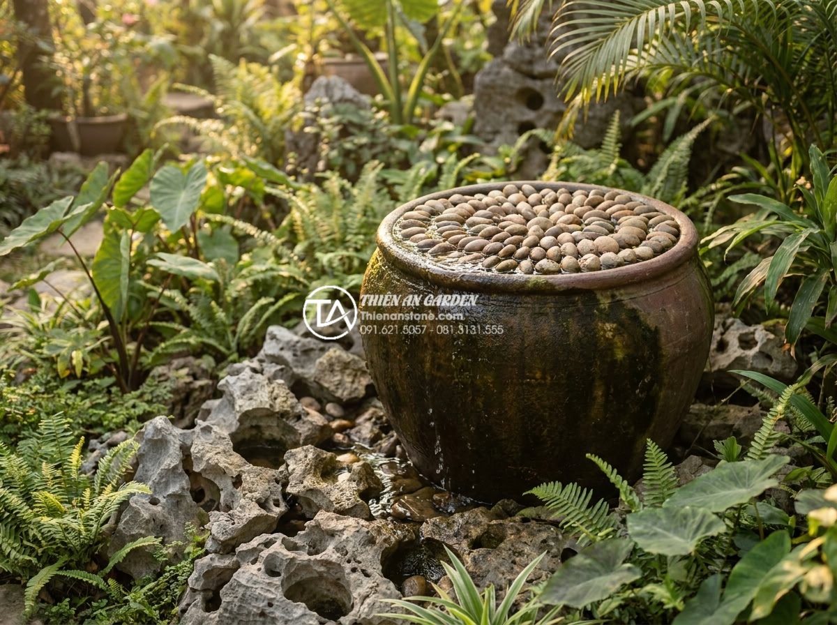 Mẫu tiểu cảnh chum nước đá cuội: Vẻ đẹp mộc mạc của thiên nhiên - Stunning traditional Vietnamese water jar with natural cuoi pebbles arranged in 
