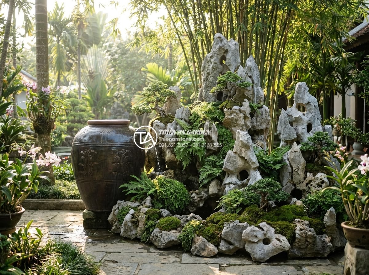 Mẫu tiểu cảnh chum nước kết hợp hòn non bộ: Sự hòa quyện của núi và nước - Hình 1 Mẫu tiểu cảnh chum nước kết hợp hòn non bộ: Sự hòa quyện của núi và nước - Photorealistic wide-angle view of a luxurious Vietnamese villa backyard featurin