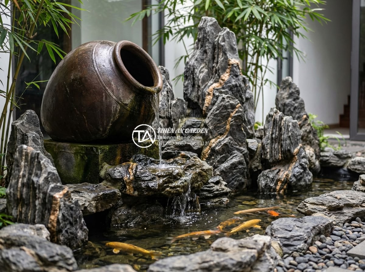 Mẫu tiểu cảnh chum nước kết hợp hòn non bộ: Sự hòa quyện của núi và nước - Hình 2 Mẫu tiểu cảnh chum nước kết hợp hòn non bộ: Sự hòa quyện của núi và nước - Close-up professional photograph of a feng shui water and mountain garden featur