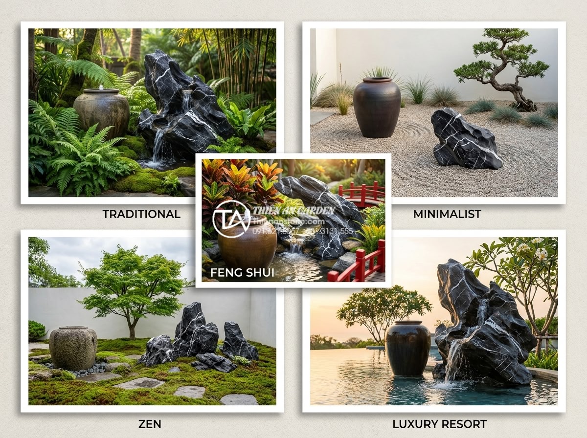 Mẫu tiểu cảnh chum nước kết hợp hòn non bộ: Sự hòa quyện của núi và nước - Hình 5 Mẫu tiểu cảnh chum nước kết hợp hòn non bộ: Sự hòa quyện của núi và nước - Collage of five stunning modern Vietnamese garden designs featuring water jar an