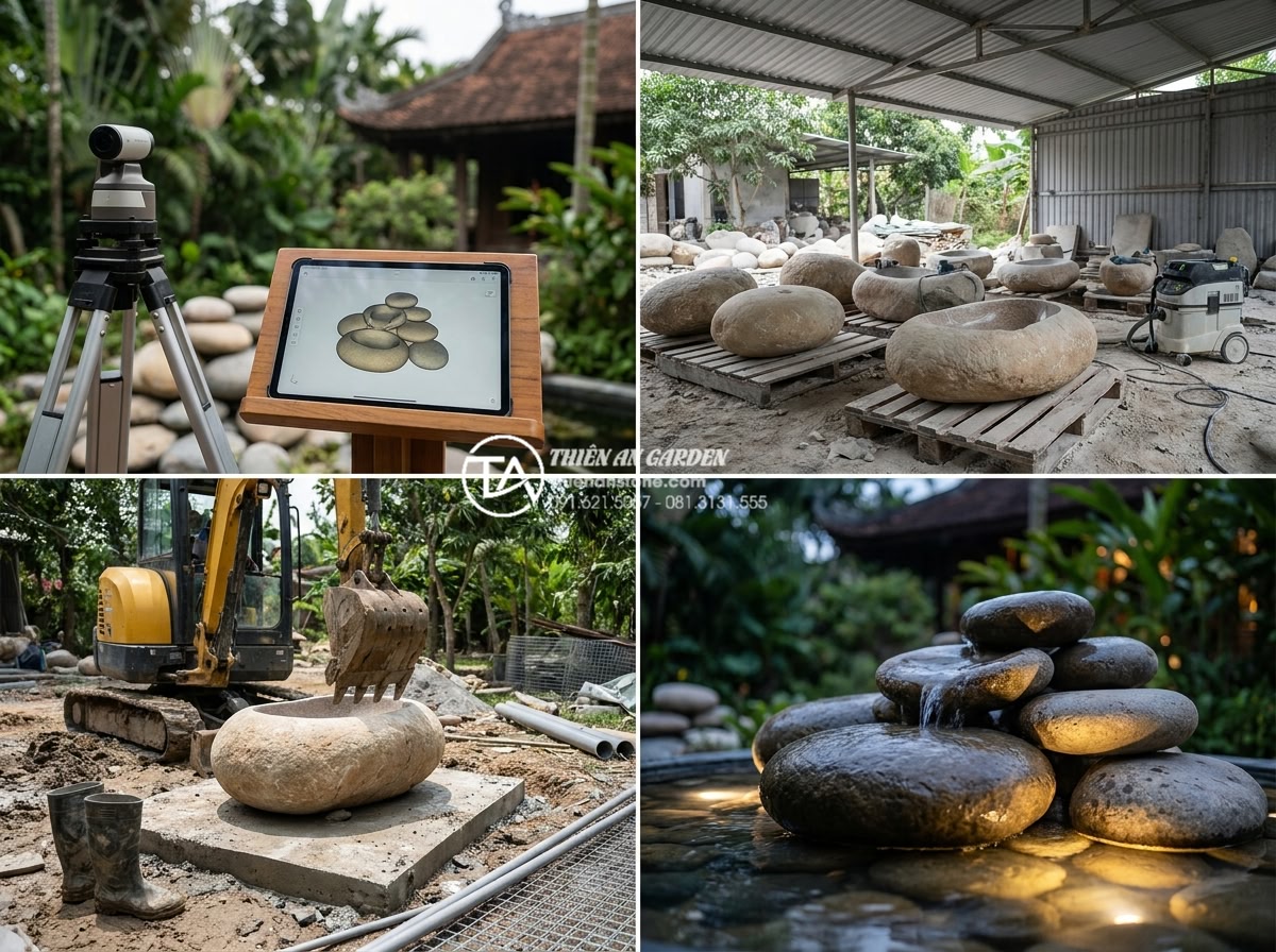 Mẫu tiểu cảnh chum nước kết hợp hòn non bộ: Sự hòa quyện của núi và nước - Hình 6 Mẫu tiểu cảnh chum nước kết hợp hòn non bộ: Sự hòa quyện của núi và nước - Step-by-step professional construction process of a luxury stone garden water fe