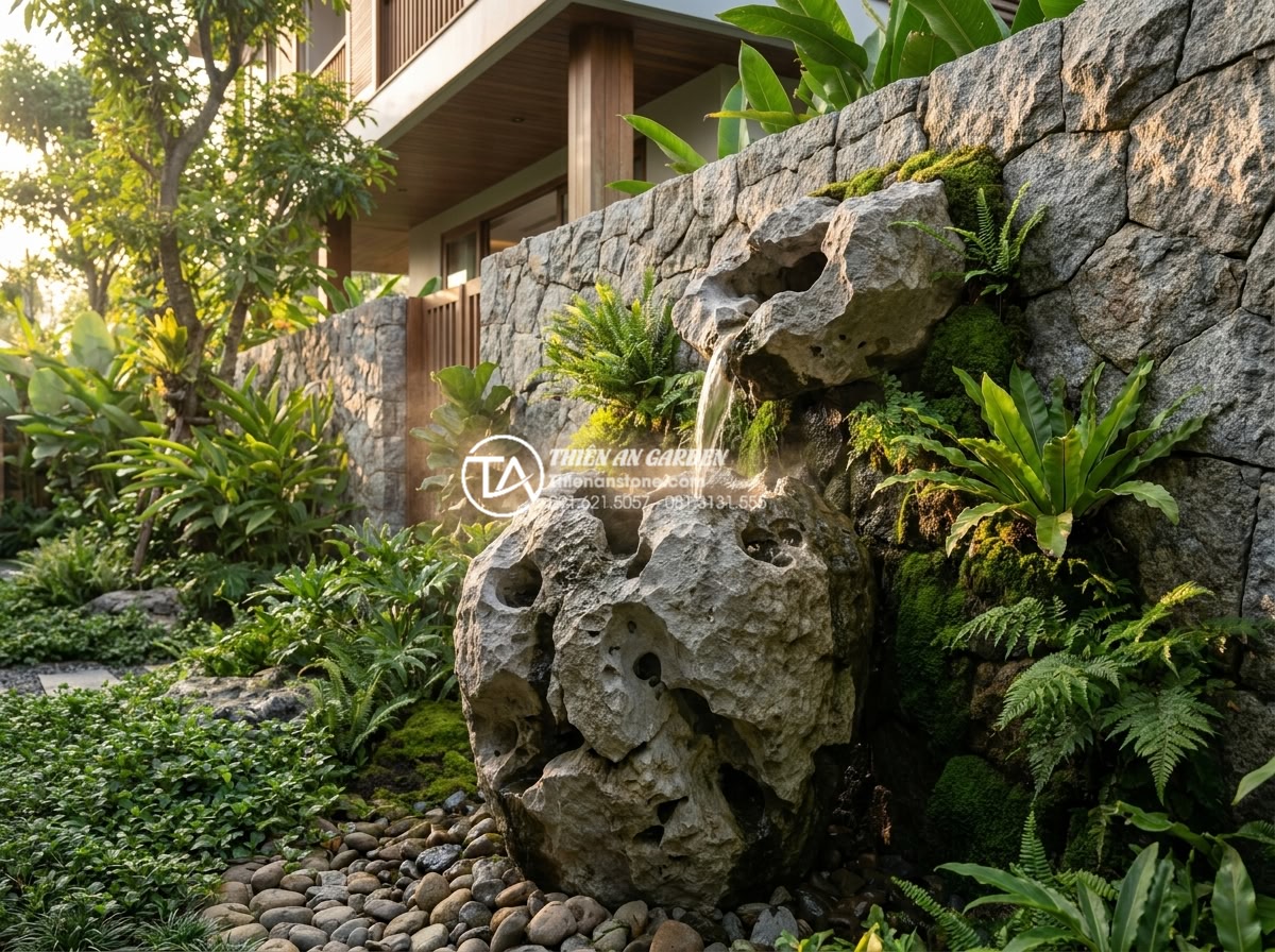 Mẫu tiểu cảnh chum nước kết hợp tường đá: Đỉnh cao trang trí tường rào - Photorealistic wide-angle view of a modern Vietnamese villa garden wall featurin