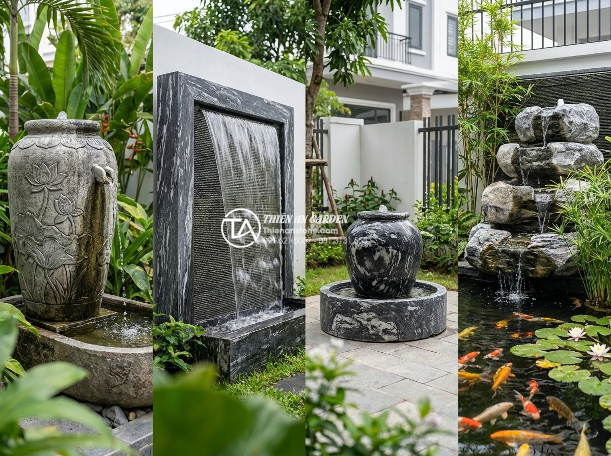 Mẫu tiểu cảnh chum nước kết hợp tường đá: Đỉnh cao trang trí tường rào - High-resolution realistic image of four different Vietnamese garden wall water j