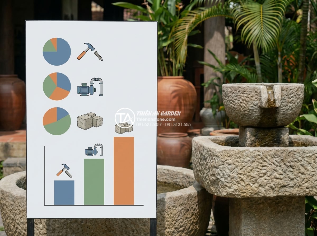 Mẫu tiểu cảnh chum nước kết hợp tường đá: Đỉnh cao trang trí tường rào - Professional infographic style image showing cost breakdown pie chart and bar gr
