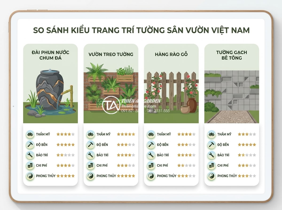Mẫu tiểu cảnh chum nước kết hợp tường đá: Đỉnh cao trang trí tường rào - Clean comparison infographic of different garden wall decoration styles in Vietn