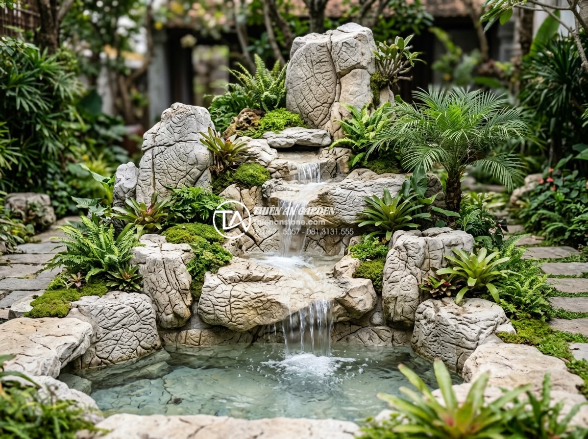 Mẫu tiểu cảnh nước chảy kết hợp hòn non bộ: Vẻ đẹp hùng vĩ thu nhỏ - Beautifully maintained natural stone waterfall non-bo after years of professiona