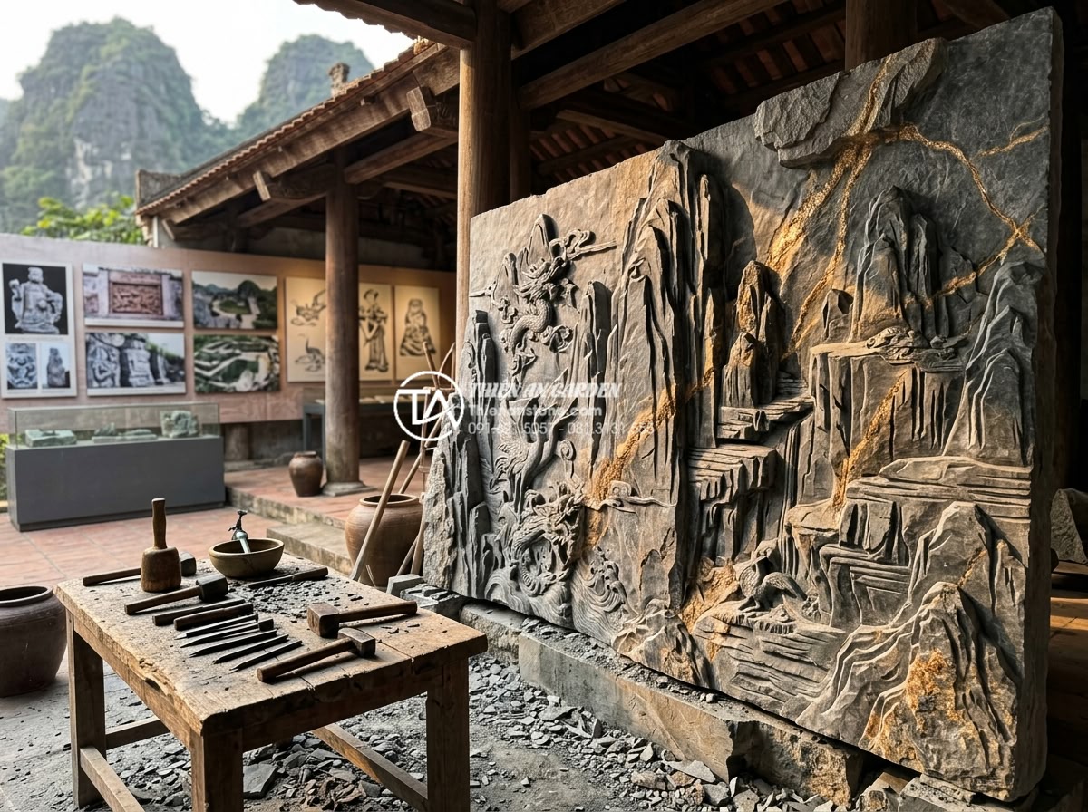 Mẫu tranh đá tiểu cảnh vách tường: Nghệ thuật điêu khắc trên đá tự nhiên - Artistic wide-angle shot of ancient Vietnamese stone carving workshop in Ninh Bi