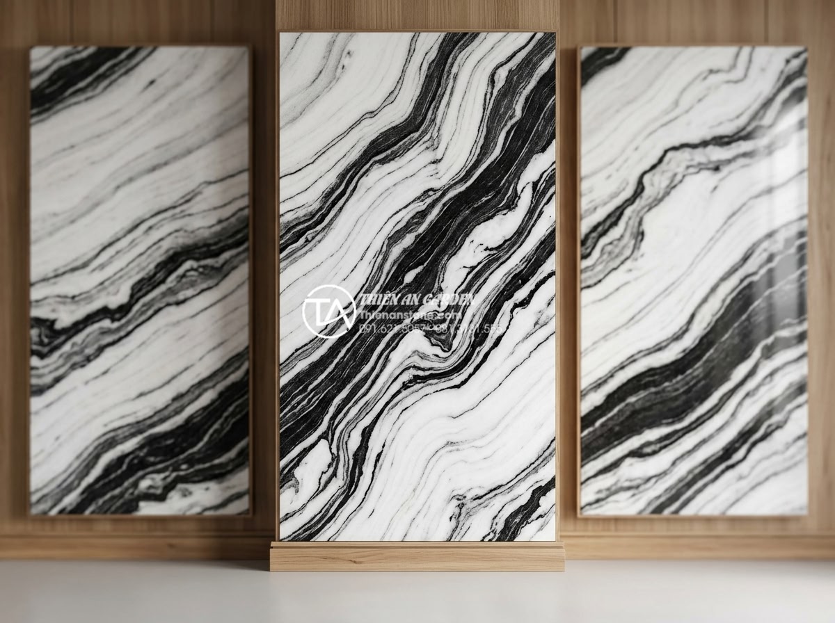 Mẫu tranh đá tiểu cảnh vách tường: Nghệ thuật điêu khắc trên đá tự nhiên - Professional studio shot displaying three different natural stone samples side b