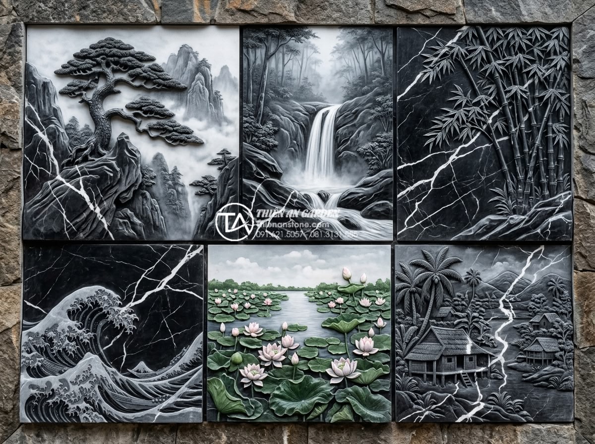 Mẫu tranh đá tiểu cảnh vách tường: Nghệ thuật điêu khắc trên đá tự nhiên - Collage of six stunning hand-carved natural stone wall murals: ancient pine tree