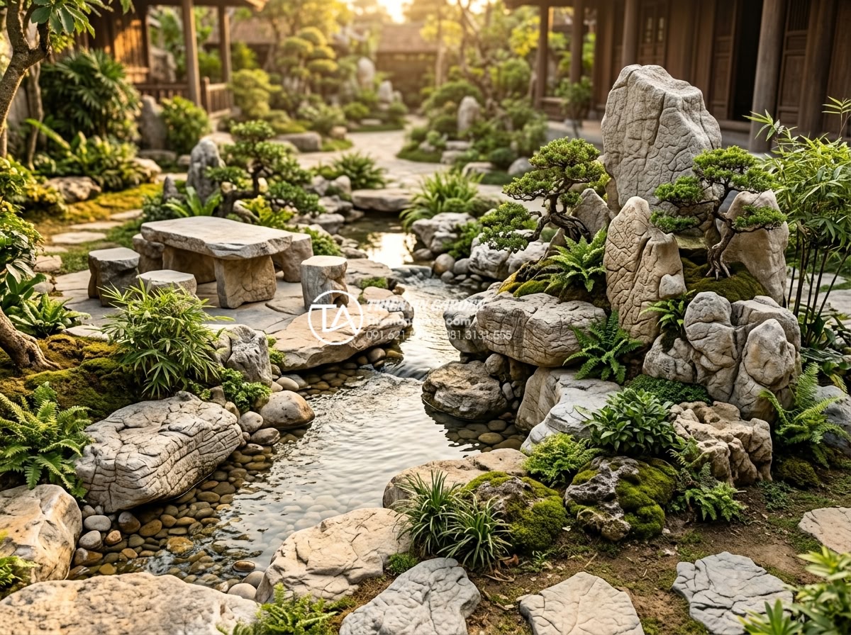 Mệnh nào nên đặt tiểu cảnh nước chảy phong thủy để gặp nhiều may mắn? - Professional wide shot of balanced stone and water landscape for earth element, 