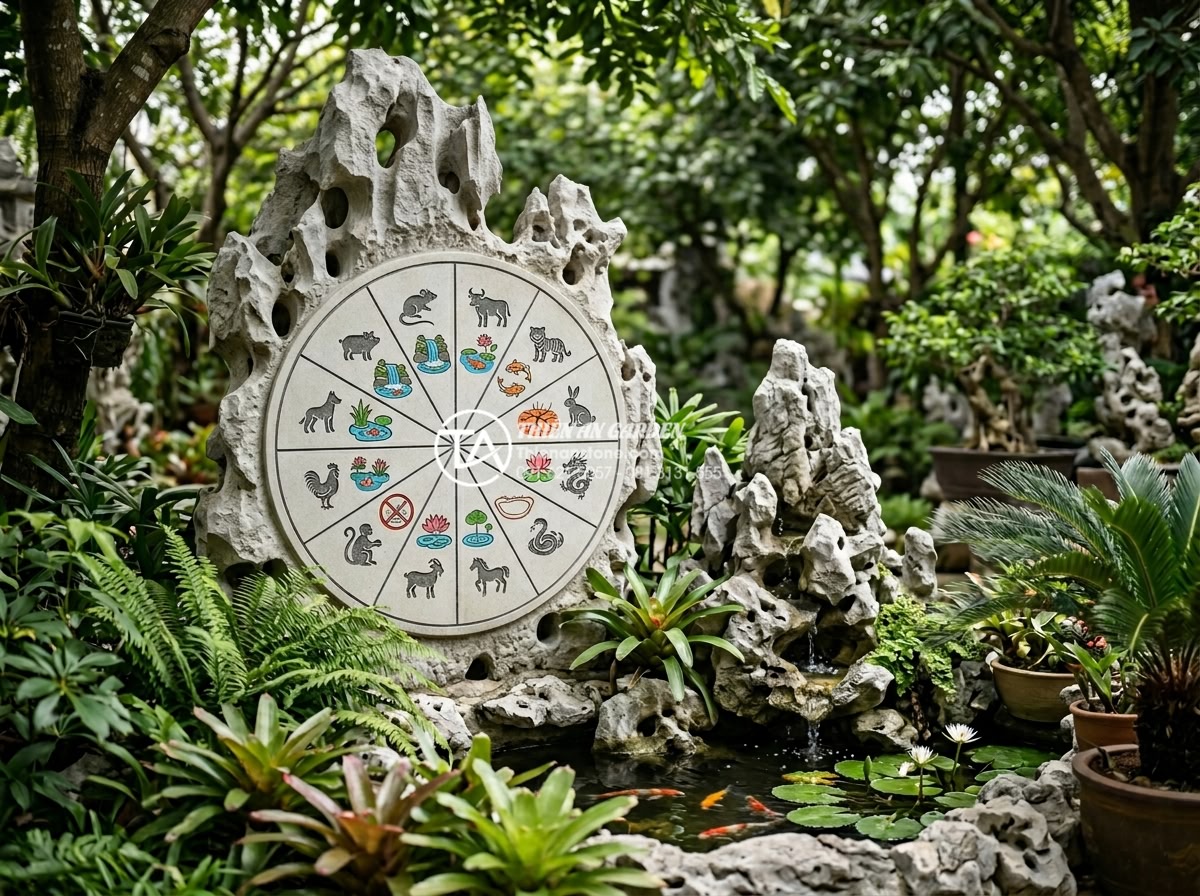 Mệnh nào nên đặt tiểu cảnh nước chảy phong thủy để gặp nhiều may mắn? - Informative feng shui chart showing compatible zodiac years for water feature in