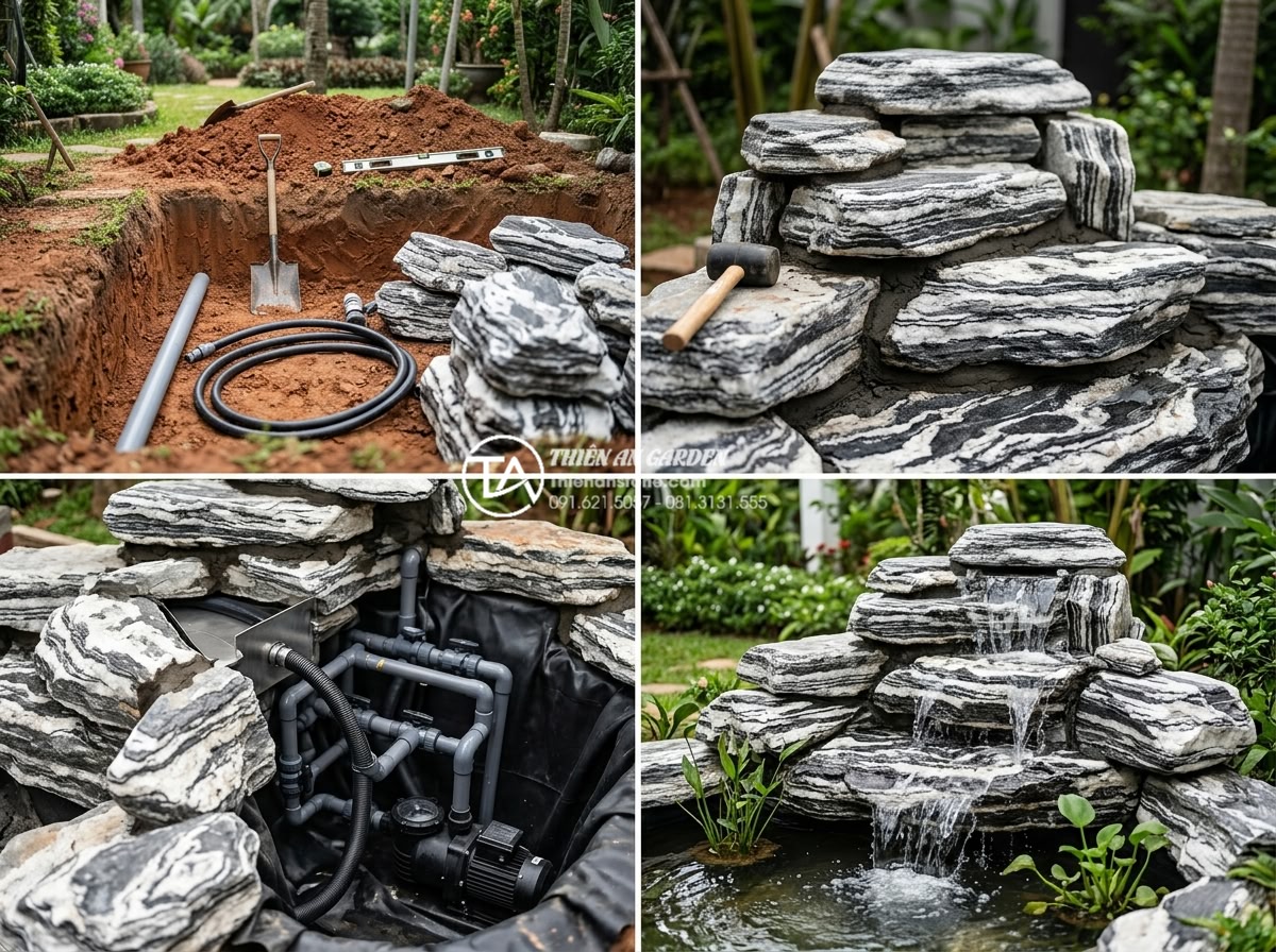 Mệnh nào nên đặt tiểu cảnh nước chảy phong thủy để gặp nhiều may mắn? - Step-by-step professional installation of natural stone water feature by expert 