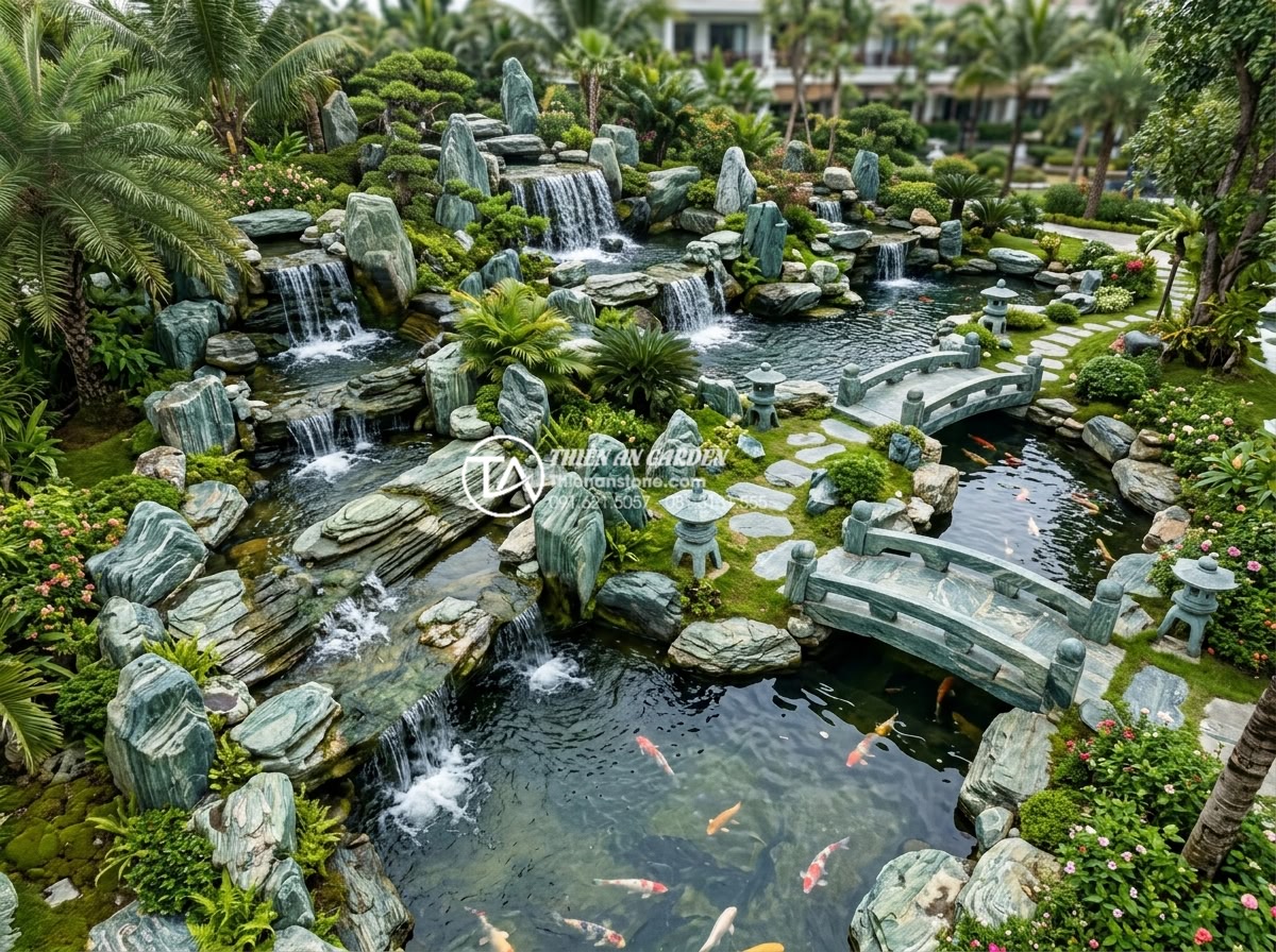 Mệnh nào nên đặt tiểu cảnh nước chảy phong thủy để gặp nhiều may mắn? - Aerial view of a complete natural stone water feature system in a resort garden,