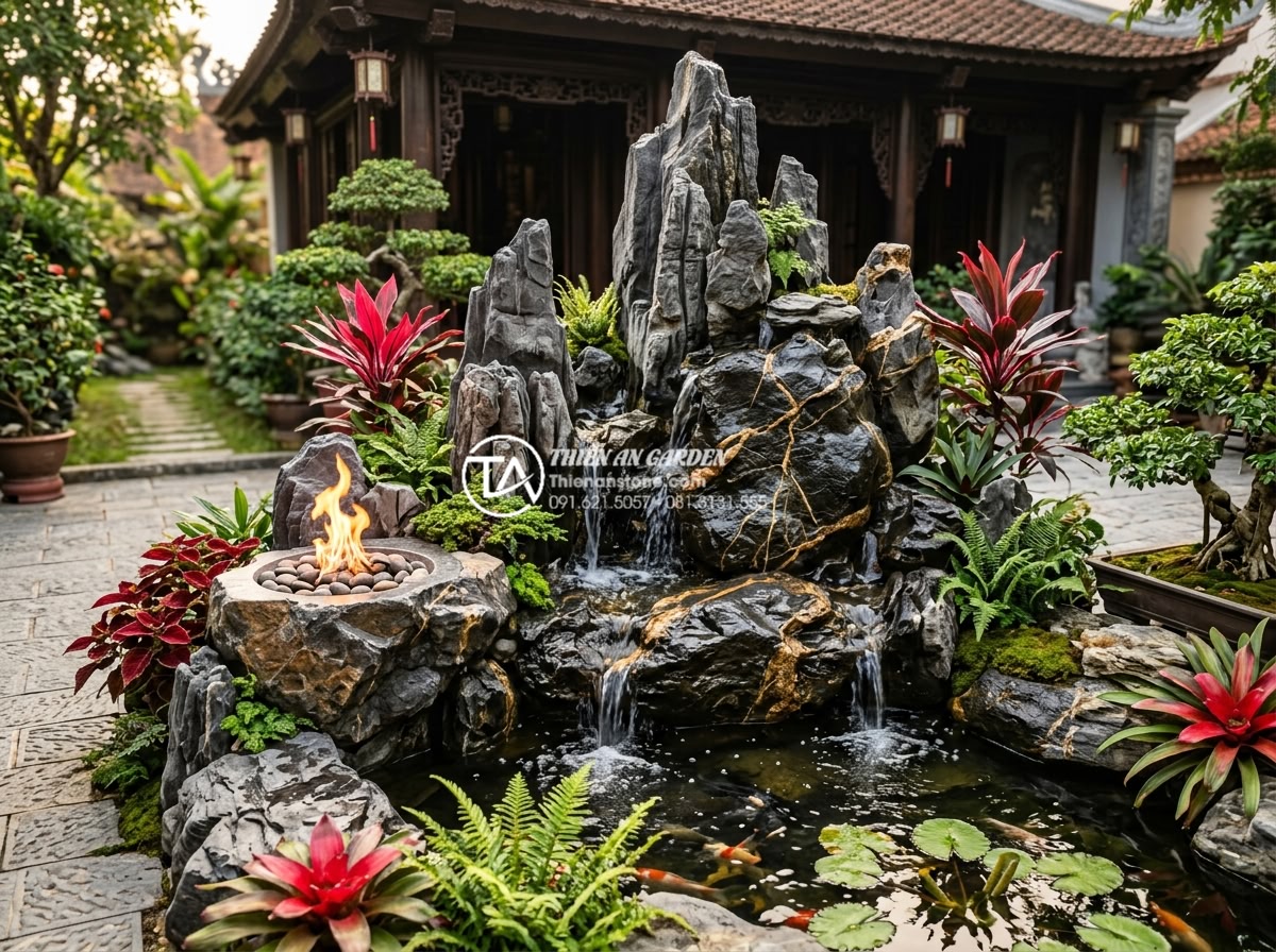 Mệnh nào nên đặt tiểu cảnh nước chảy phong thủy để gặp nhiều may mắn? - Balanced natural stone water feature for fire element homeowner with strong ston