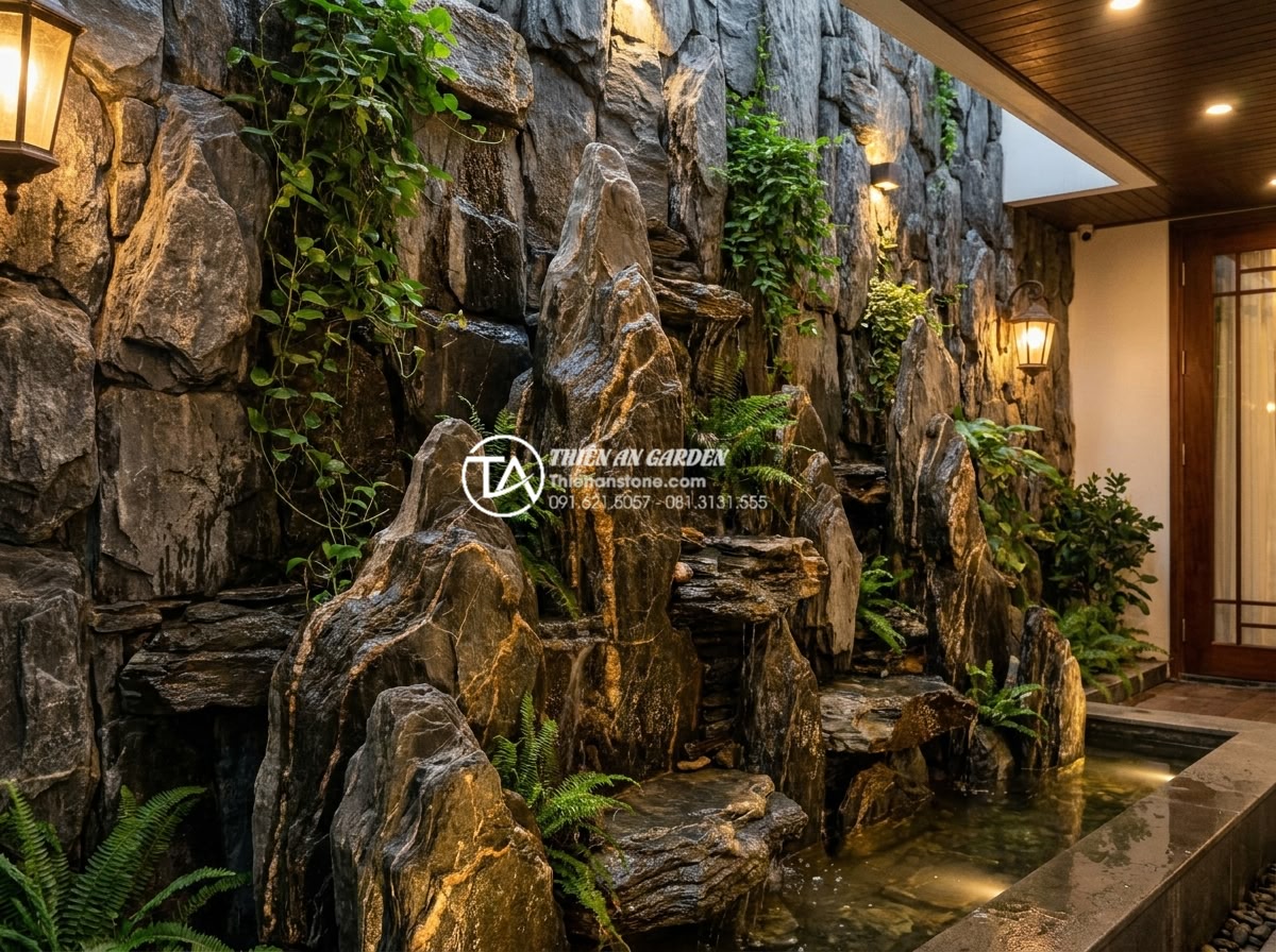Nên chọn đá tự nhiên hay đá nhân tạo để ốp tiểu cảnh vách tường? - Hình 5 Nên chọn đá tự nhiên hay đá nhân tạo để ốp tiểu cảnh vách tường? - Artistic lifestyle photograph of an elegant natural stone clad vertical landscap