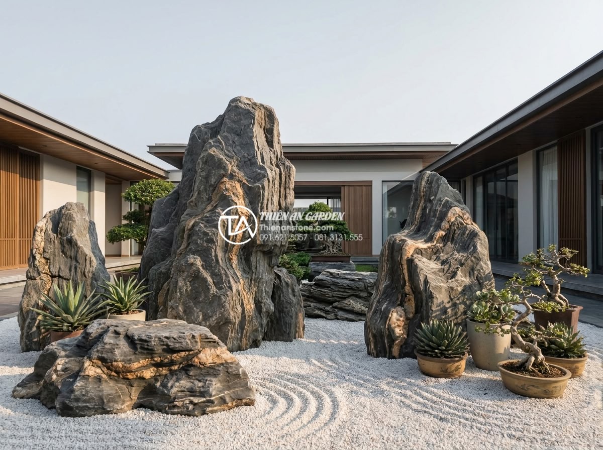 Nên làm tiểu cảnh khô hay tiểu cảnh nước? So sánh chi tiết từ chuyên gia - Professional high-resolution photograph of a minimalist dry rock garden in a lux