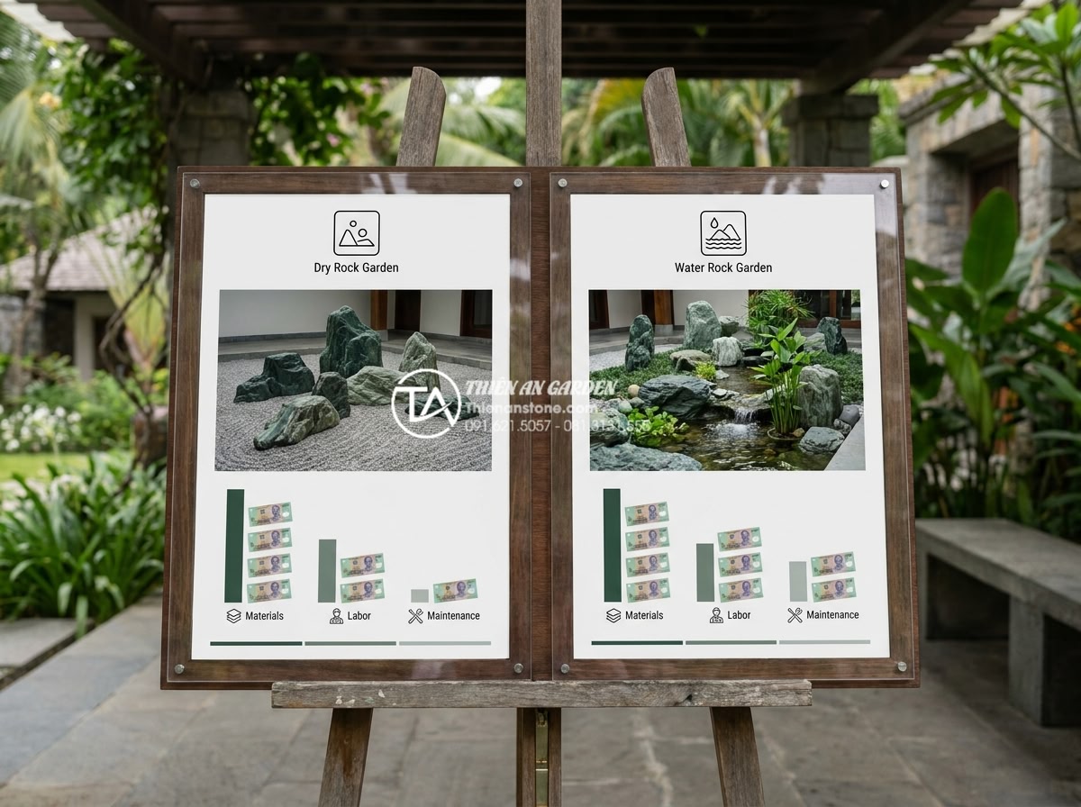 Nên làm tiểu cảnh khô hay tiểu cảnh nước? So sánh chi tiết từ chuyên gia - Detailed comparison infographic style image showing side-by-side dry rock garden