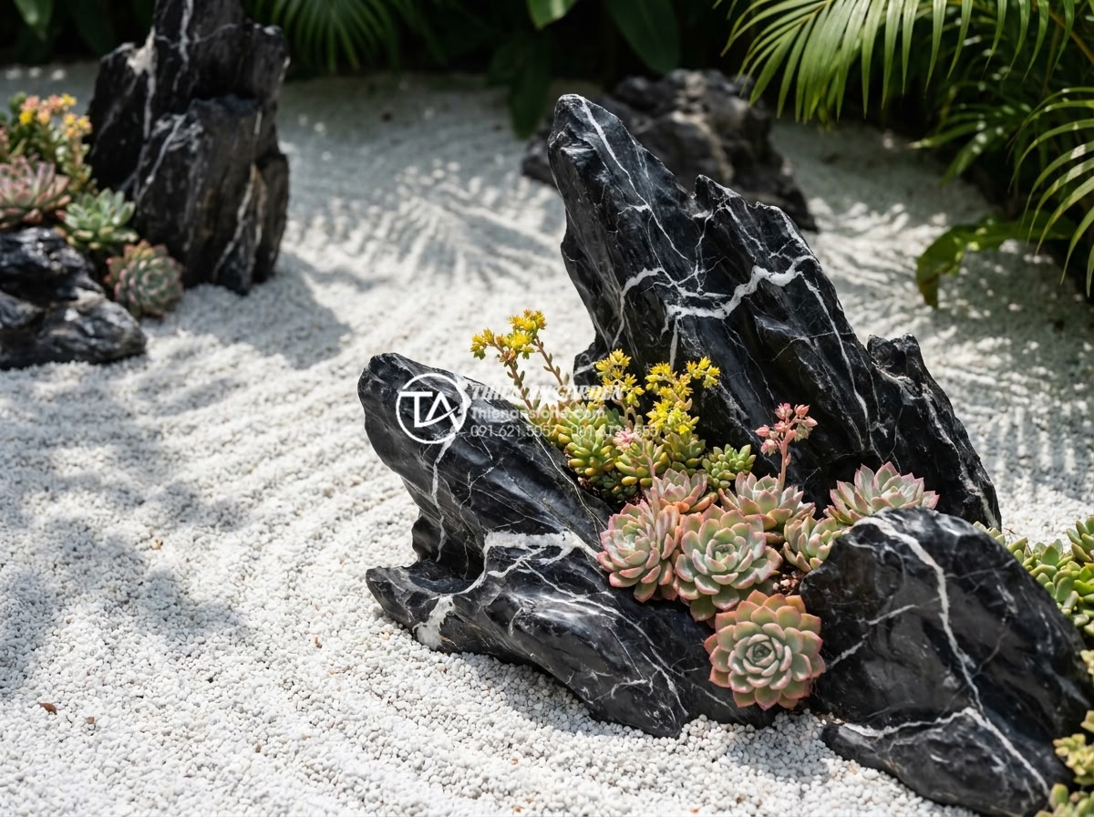 Nên làm tiểu cảnh khô hay tiểu cảnh nước? So sánh chi tiết từ chuyên gia - Close-up realistic photo of a well-maintained dry rock garden showing raked whit