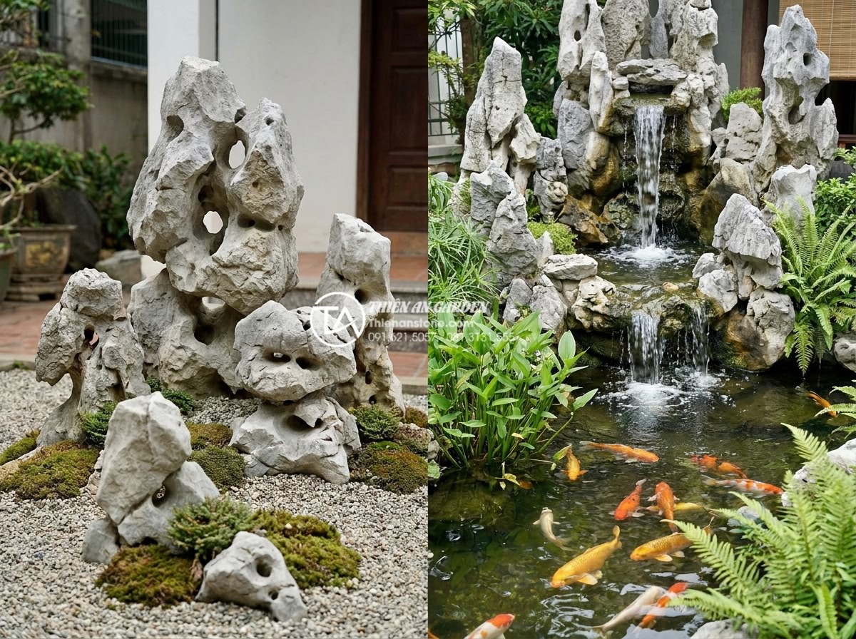 Nên làm tiểu cảnh khô hay tiểu cảnh nước? So sánh chi tiết từ chuyên gia - Artistic split image showing feng shui elements: left side dry rock garden with 
