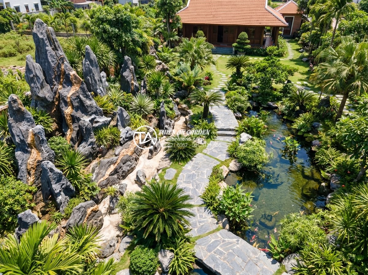 Nên làm tiểu cảnh khô hay tiểu cảnh nước? So sánh chi tiết từ chuyên gia - Aerial view professional photograph of Vietnamese villa garden layout showing dr