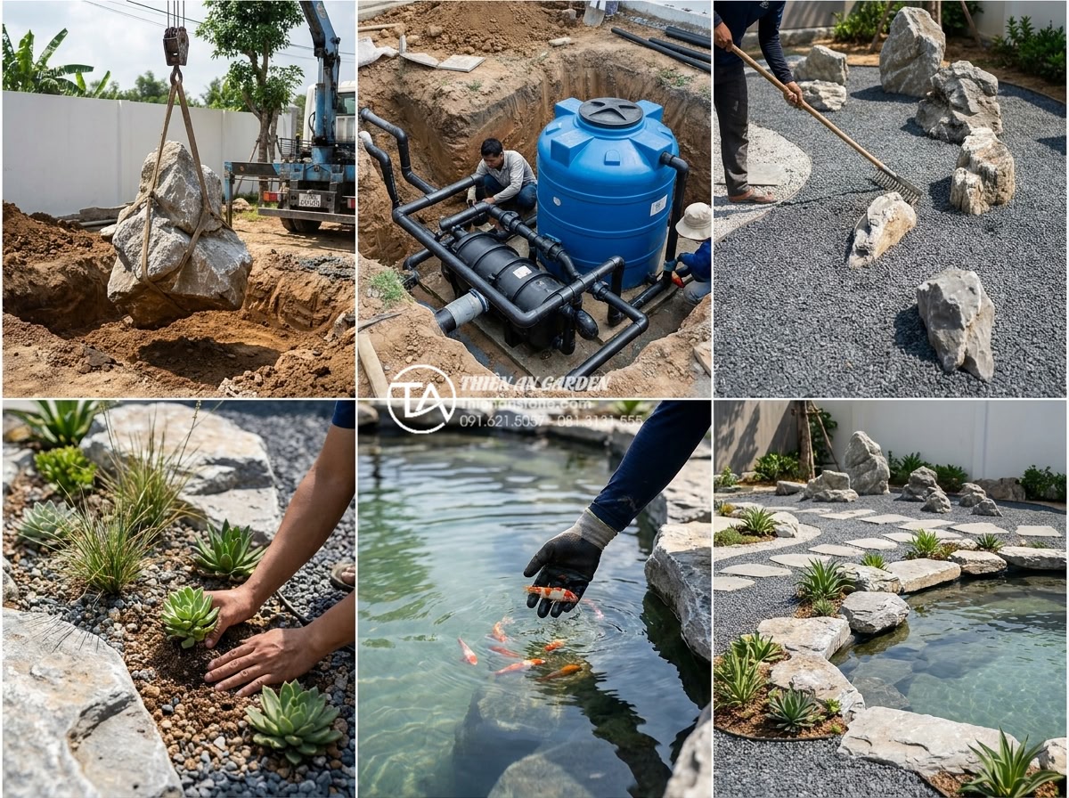 Nên làm tiểu cảnh khô hay tiểu cảnh nước? So sánh chi tiết từ chuyên gia - Step-by-step professional construction photography collage of natural stone dry 