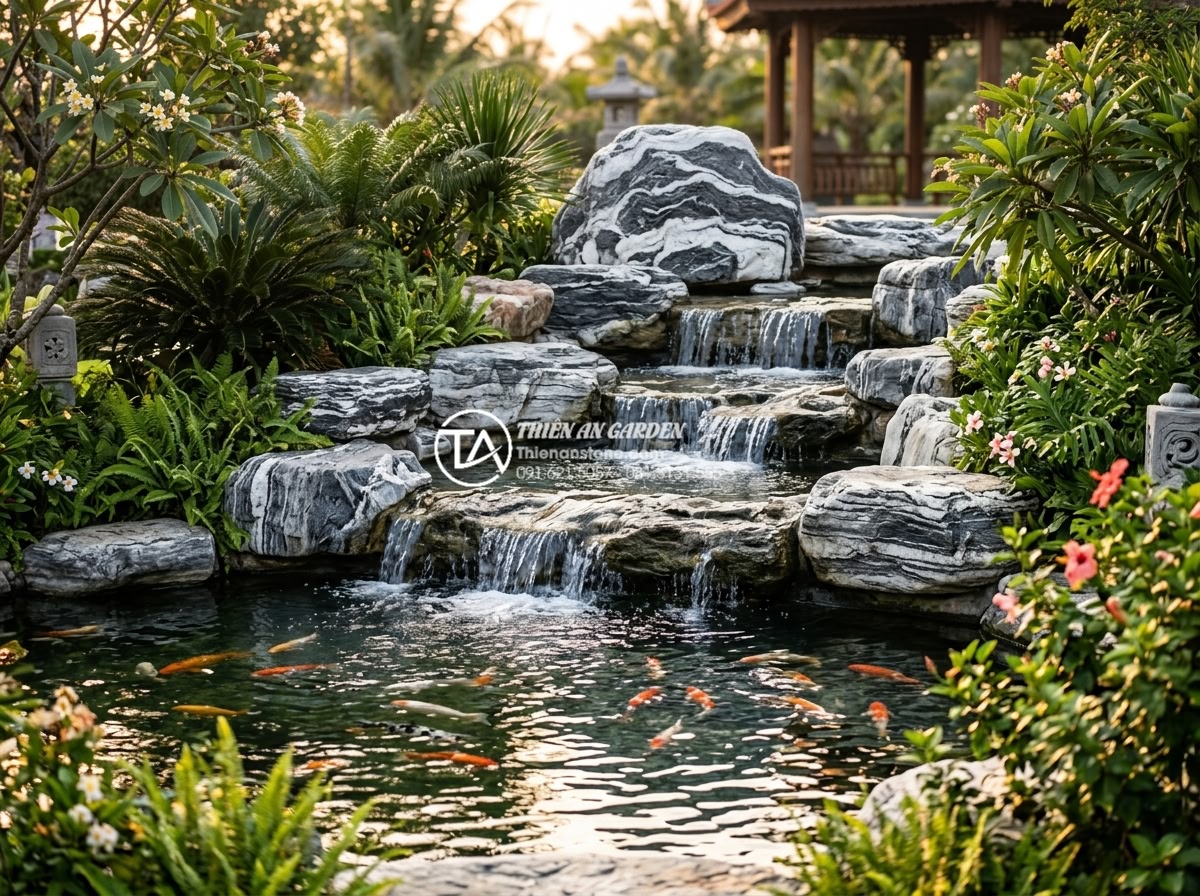 Nên làm tiểu cảnh nước hay tiểu cảnh khô? So sánh chi tiết ưu và nhược điểm - Professional high-detail photograph of an elegant natural stone water landscape 
