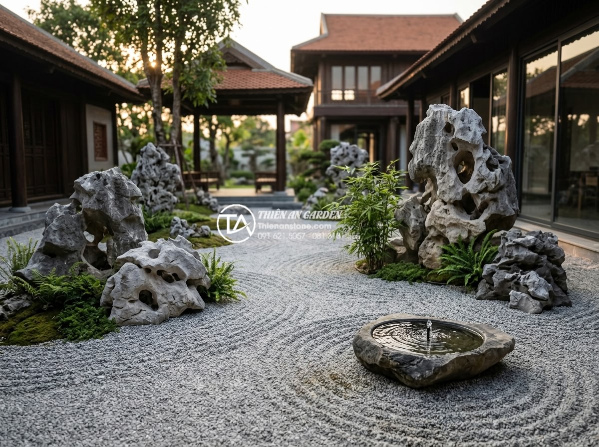 Nên làm tiểu cảnh nước hay tiểu cảnh khô? So sánh chi tiết ưu và nhược điểm - Artistic high-resolution image of a dry stone Zen garden with subtle water eleme