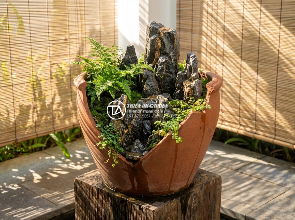 Nghệ thuật tiểu cảnh chum vỡ: Ý tưởng tái tạo không gian đầy phá cách - Photorealistic image of a broken large clay jar miniature garden in a modern Vie