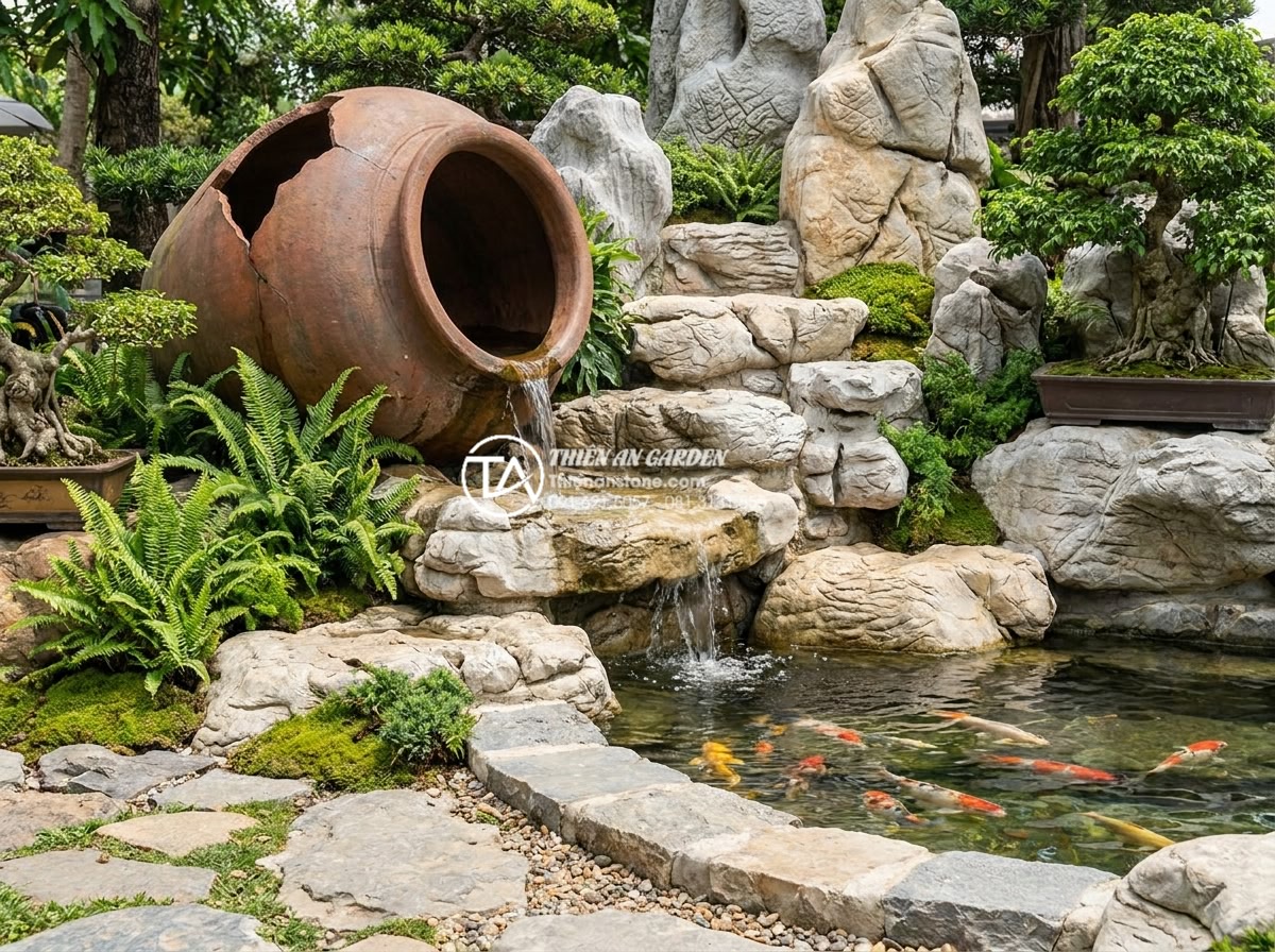 Nghệ thuật tiểu cảnh chum vỡ: Ý tưởng tái tạo không gian đầy phá cách - Beautiful integration of broken jar water feature with traditional Vietnamese ro