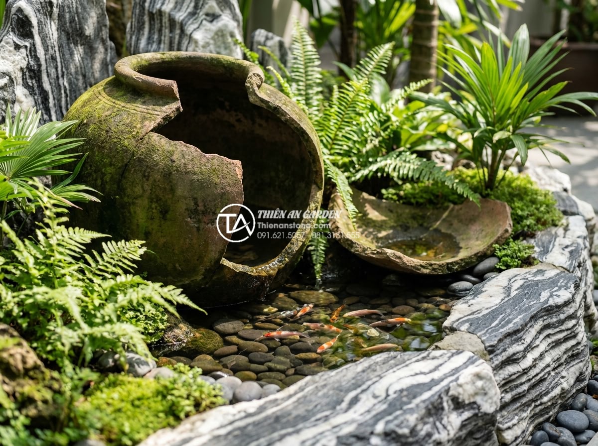 Nghệ thuật tiểu cảnh chum vỡ: Ý tưởng tái tạo không gian đầy phá cách - Close-up detailed view of a Vietnamese broken water jar landscape design integra