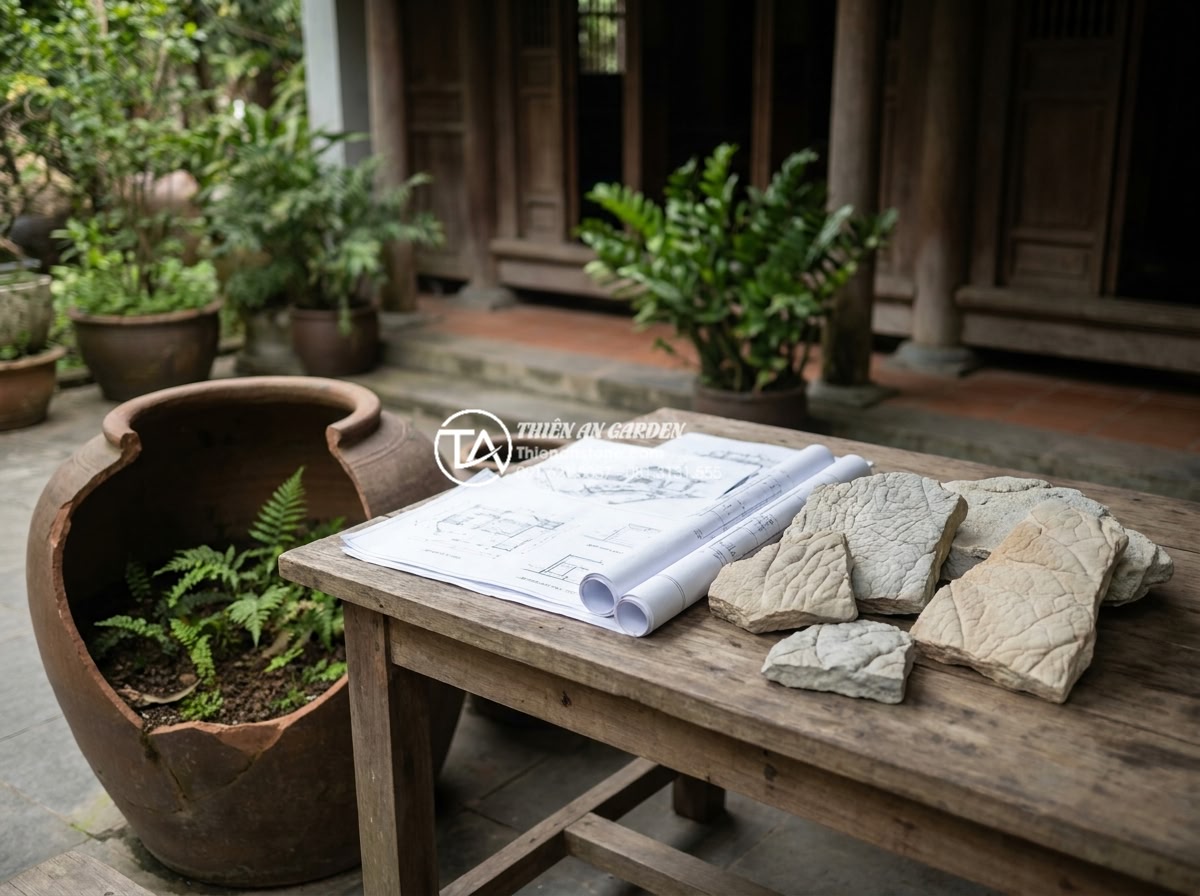 Nghệ thuật tiểu cảnh chum vỡ: Ý tưởng tái tạo không gian đầy phá cách - Expert landscape architect from Thien An Stone consulting with clients on a beau